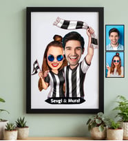 Kişiye Özel Karikatürlü Siyah Beyaz Taraftar Sevgiliye Hediye Siyah Çerçeve Sevgililer Günü Hediyesi