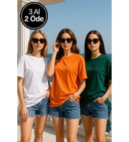 Kadın 3'lü Paket Turuncu-Yeşil-Beyaz %100 Pamuk Oversize Basic Tişört Bisiklet Yaka Relaxed T-Shirt
