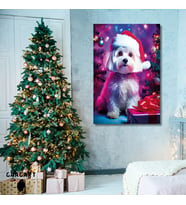 Tekli Dikey Kanvas Duvar Tablosu Yılbaşı Hediyesi Noel Baba Kostümlü Terrier