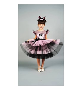 Kuromi Taç Aksesuarlı Pullu Baskılı  Doğum Günü Kız Elbise 3/10 Yaş (Pembe)