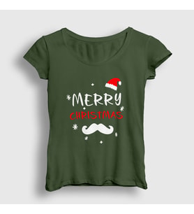 Presmono Kadın Haki Mustache Merry Christmas Yılbaşı T-Shirt 271379tt (Haki)