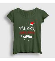 Presmono Kadın Haki Mustache Merry Christmas Yılbaşı T-Shirt 271379tt (Haki)
