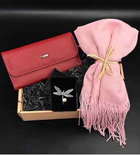 Pembe Şal & Kadın Cüzdanı& Gümüş Renk Yusufcuk Model Broş Hediye Seti (Model 1)