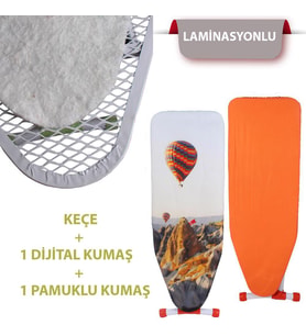 Kanat  Ayarlanabilir Keçe Laminasyonlu Kapadokya Dijital Baskı ve  Turuncu Renk Ütü Masası Kumaşı 3'lü Set 34x110 cm