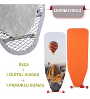 Kanat  Ayarlanabilir Keçe Laminasyonlu Kapadokya Dijital Baskı ve  Turuncu Renk Ütü Masası Kumaşı 3'lü Set 34x110 cm