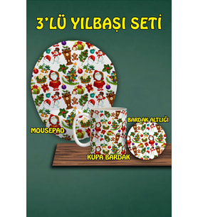 Yılbaşı Temalı 3'lü Bilek Destekli Mousepad Kupa ve Bardak Altlığı Seti