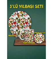 Yılbaşı Temalı 3'lü Bilek Destekli Mousepad Kupa ve Bardak Altlığı Seti
