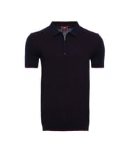 Polo Yaka Koyu Lacivert Desenli Fermuarlı Örme T-shirt - Wessi