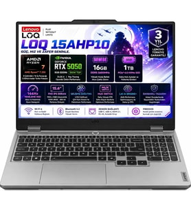 Lenovo LOQ 15AHP10 AMD Ryzen 7-250 16GB DDR5 1TB SSD RTX 5050 8GB 100W 15.6 Inç Full HD 144Hz IPS Freedos Gaming Laptop (83JG00BMTR)