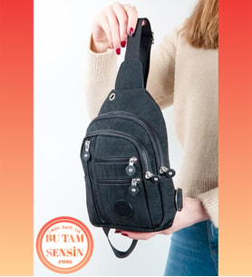 Siyah Unisex Su Geçirmez Krinkıl Kumaşlı Fermuarlı 5 Bölmeli Çapraz Body Bag Vücut Çantası (Siyah)