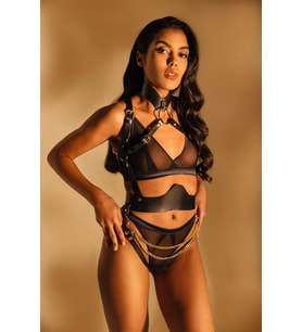 Arias Closet Siyah Zincir Aksesuarlı Fantezi Deri Vücut Harness