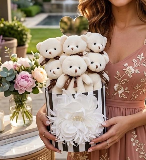 Silindir Kutulu Aynalı Premium Peluş Buket-ayni gun-teslim-hediye-dogum-gunu-sevgiliye-yenidoğan- Anne Bebek Hediye Seti