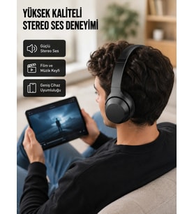 Bluetooth 5.0 Siyah Kablosuz Kulaklık 18 Saat Batarya Katlanabilir Tasarım Yeni Nesil