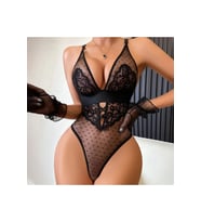 Puantiye Tüllü Dantelli Eldivenli Bodysuit Takım (Siyah)