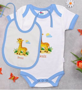 BK Kids Kişiye Özel Zürafa Tasarımlı Mavi Bebek Body Zıbın ve Mama Önlüğü Hediye Seti-2