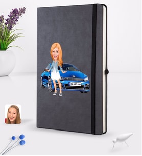 BK Gift Kişiye Özel Plakalı Kadın Volkswagen Scirocco Karikatürlü Siyah Termo Deri Defter 16x24cm Model 1