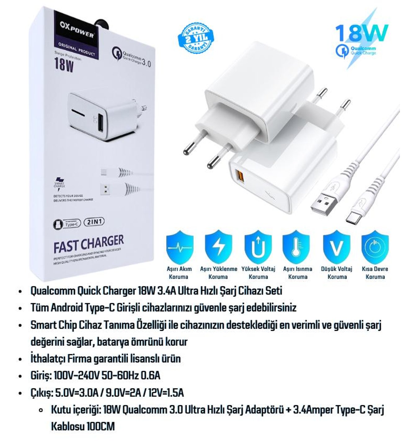 Omix X600 Uyumlu 18W 3.4A Type-C Ultra Hızlı Şarj Cihazı