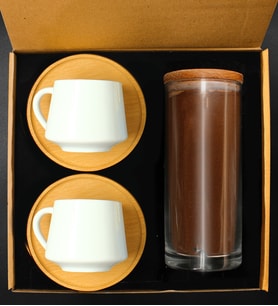 İkili Bambu Porselen Türk Kahvesi Fincanı Seti & 400 Ml Bambu Kapaklı Kavanozlu Türk Kahvesi