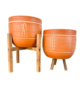 Bitki Tasarımı Ev Dekorasyon Nakış Desenli Toprak Saksı Saksılık Salon Çiçeklik İkili Set 3 Ayaklı- 4 Ayaklı- 19 CM