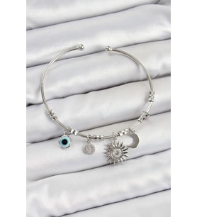 Pirinç Zirkon Taşlı Güneş Ay Ve Nazar Model Gümüş Renk Charm Bileklik