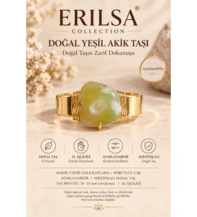 Sertifikalı Yeşil Akik Taşı Doğal Taş Yüzük Bakır Kasa Gold Kaplama Ayarlanabilir