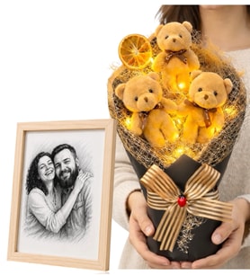 Kişiye Özel Karakalem Fotoğraflı Ahşap Çerçeve ve Led Işıklı Peluş Ayıcık Buketi