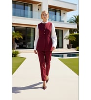 Kadın Alt Üst Düğmeli Yelek Ve Pantolon Takımı Şık Ve Konforlu Günlük İş Kombini Modern Kesim Spor (Bordo)