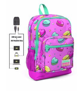 Coral High Kids Dört Gözlü Kız Çocuk İlkokul Çantası - Makaron Basklı - USB+AUX Soketli