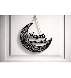 Siyah Hayırlı Ramazanlar Yazılı Hilal Kapı Süsü – Modern Ramazan Kapı Dekoru