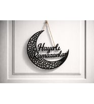 Siyah Hayırlı Ramazanlar Yazılı Hilal Kapı Süsü – Modern Ramazan Kapı Dekoru