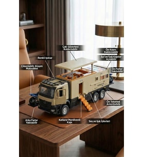 Metal Çek Bırak Karavan Kamyon - Sesli Işıklı, Açılabilir Tavanlı ve Motosikletli Kamp Aracı (23cm)
