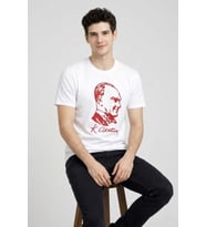 Erkek Atatürk Baskılı Tişört Kısa Kollu Bisiklet Yaka T-Shirt - Beyaz
