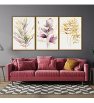 3'lü Metal Çerçeveli Cam Tablo Seti Soft Pastel Lila Çiçekler (Gold)