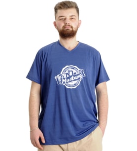 Mode XL Büyük Beden Erkek T-shirt V Yaka MUSTANG 23034 Mavi