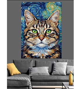 Van Gogh Tarzı Kedi Dekoratif Kanvas - Mdf Ahşap Tablo