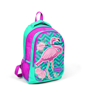 Coral High Kids Su Yeşili Pembe Simli Flamingo Desenli Üç Bölmeli Okul Sırt Çantası 14382