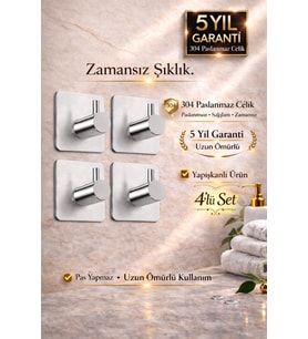 Premium Siyah 304 Paslanmaz Çelik Bornoz Askısı 4’lü Set Güçlü Yapışkan 5 Yıl Garanti