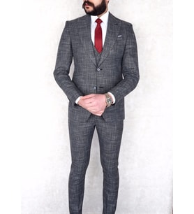 JAN CARLUCCİ Erkek Slim Fit Sivri Yaka Gri Yelekli  Drop 6 Takım Elbise