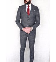 JAN CARLUCCİ Erkek Slim Fit Sivri Yaka Gri Yelekli  Drop 6 Takım Elbise