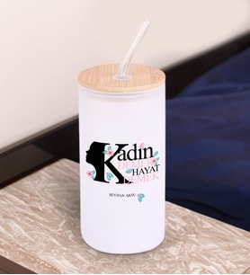 BK Gift Kadınlar Gününe Özel İsimli Beyaz Renk Pipetli Buzlu Cam Bardak 600ml - 1, 8 Mart Kadınlar Günü