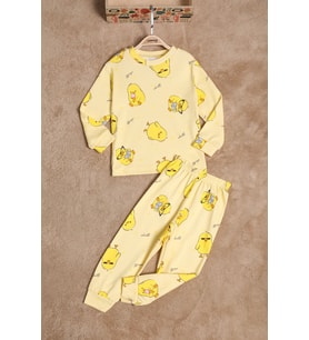 Kız Çocuk Sarı Civciv Desenli Lastikli Pijama Takımı 25040