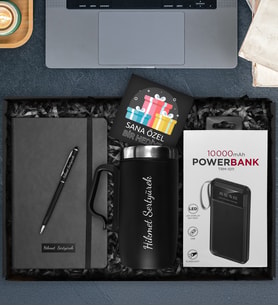 Kişiye Özel Çelik Bardak Termos & Defter & Touch Pen Kalem & Powerbank Hediye Seti