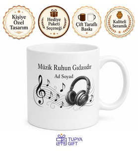 Müzik Ruhun Gıdasıdır Notalar ve Kulaklık Desenli Kupa Bardak Hediye