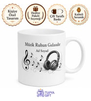 Müzik Ruhun Gıdasıdır Notalar ve Kulaklık Desenli Kupa Bardak Hediye