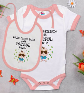 BK Kids Patron Benim Tasarımlı Pembe Bebek Body Zıbın ve Mama Önlüğü Hediye Seti-1