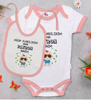 BK Kids Patron Benim Tasarımlı Pembe Bebek Body Zıbın ve Mama Önlüğü Hediye Seti-1