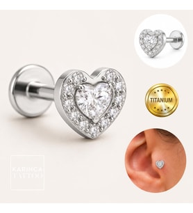 Luxury Kalp Taşlı Titanyum Piercing Helix Flat Conch Burun Labret Kulak Tragus Küpe