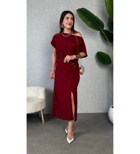 Kadın Kısa Kollu Tek Omuzdan Açık Beli Lastikli Sandy Maxi Elbise