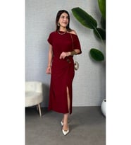 Kadın Kısa Kollu Tek Omuzdan Açık Beli Lastikli Sandy Maxi Elbise
