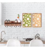 BK Home Doğal Ahşap Raflı Dekoratif Fincan Askılığı ve 2’li Mutfak Konseptli Ahşap Tablo-3 (Beyaz)